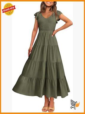 Flowy Maxi Dress Cap Sleeve V Neck Smocked Beach Sundress
